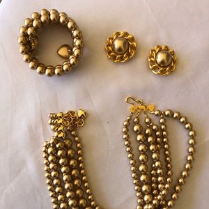 Carolee Gold Faux Pearl Clip Earrings, Necklace & Coil Wrap Bracelet